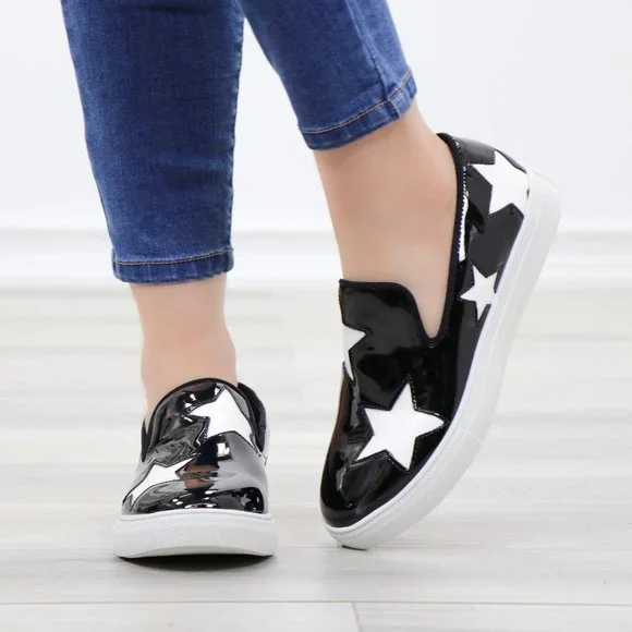 Black With White Stars Patent Sneakers Shoes - Picture 10 of 14